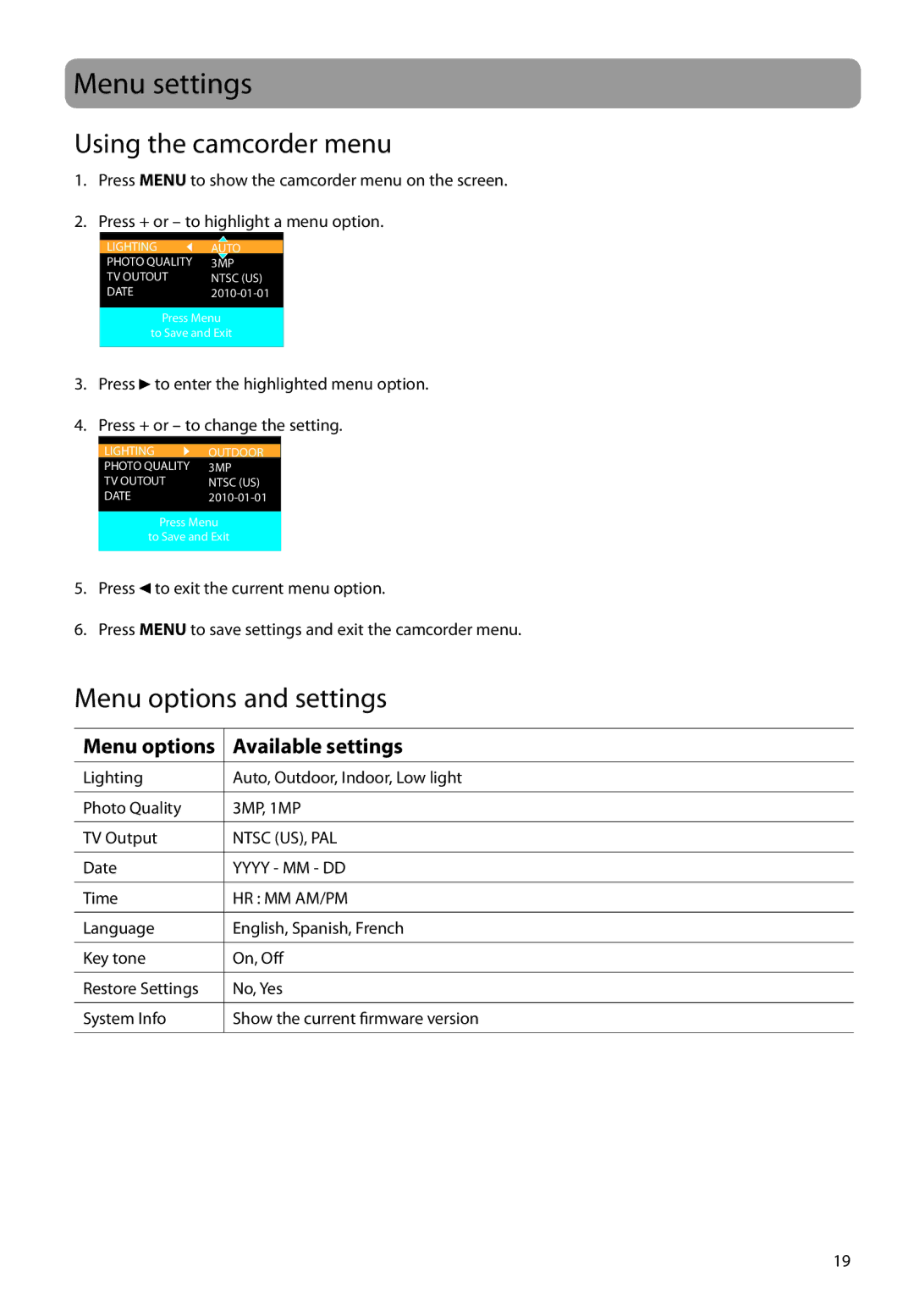 RCA EZ2000PL, EZ2000RD, EZ2000BL, EZ2000BK user manual Menu settings, Using the camcorder menu, Menu options and settings 