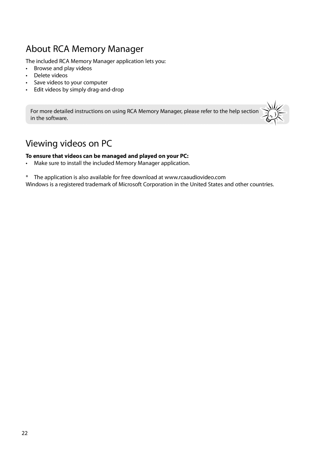 RCA EZ2000BK About RCA Memory Manager, Viewing videos on PC, To ensure that videos can be managed and played on your PC 