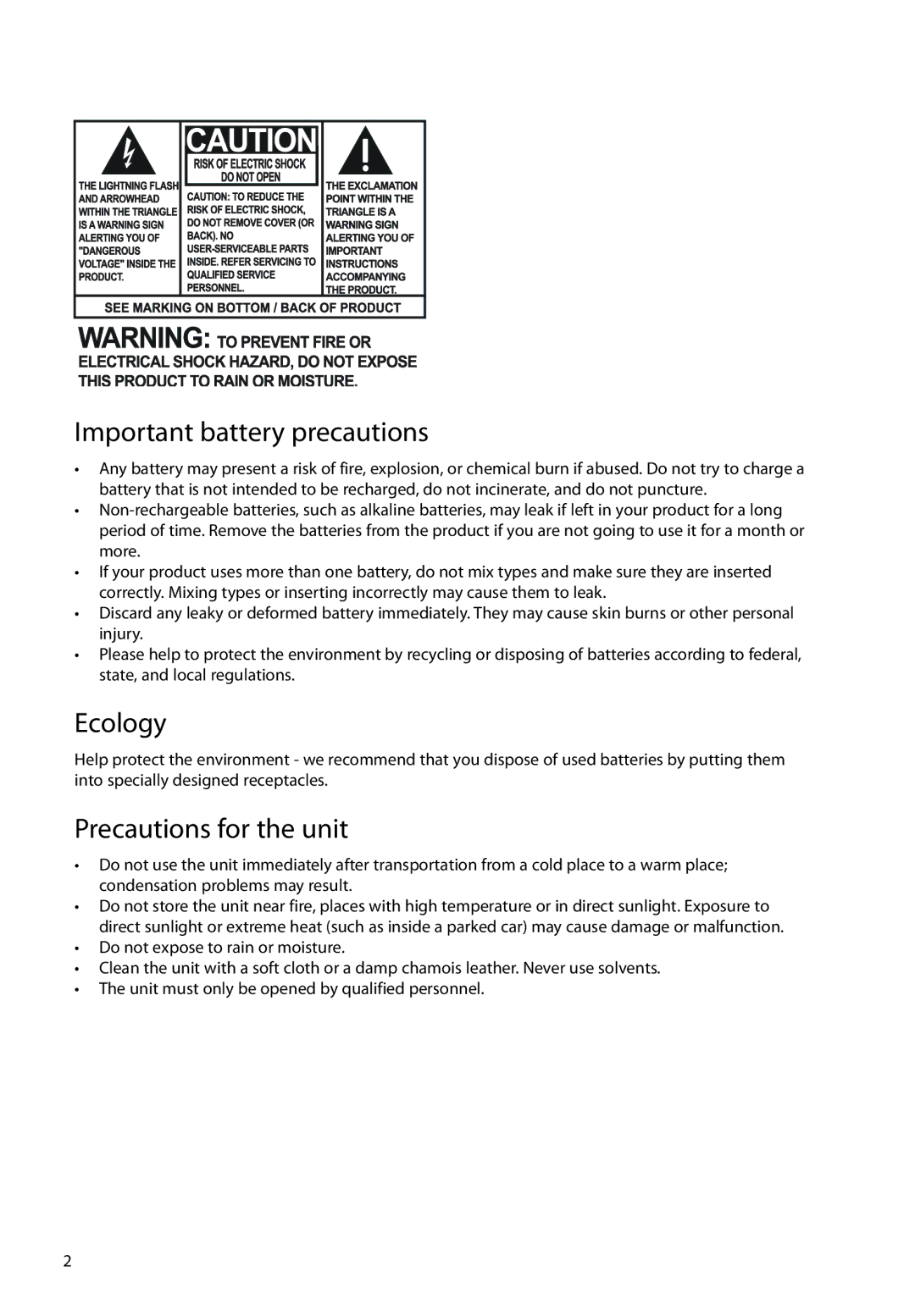 RCA EZ2000BK, EZ2000PL, EZ2000RD, EZ2000BL user manual Important battery precautions, Ecology, Precautions for the unit 