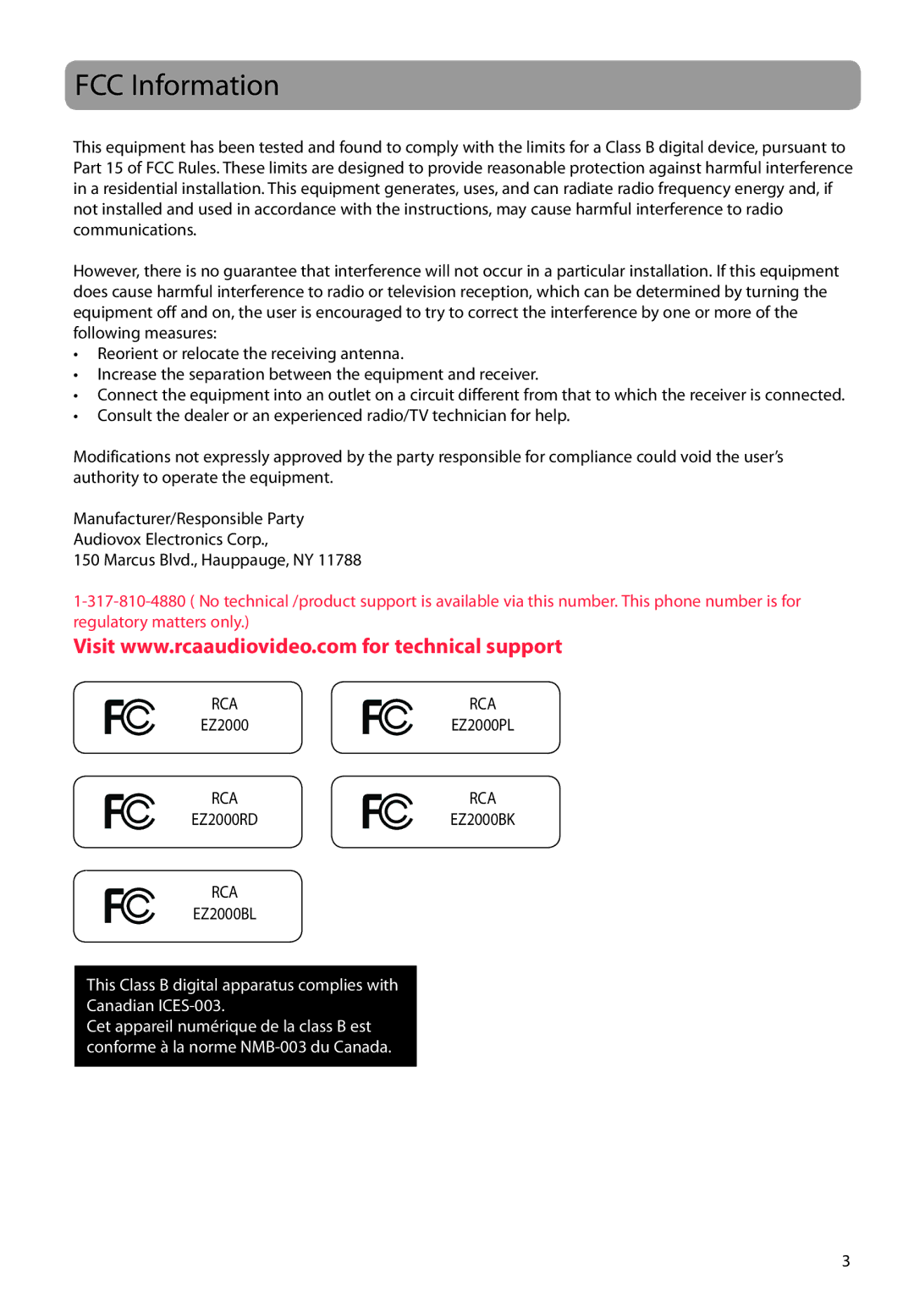 RCA EZ2000PL, EZ2000RD, EZ2000BL, EZ2000BK user manual FCC Information 