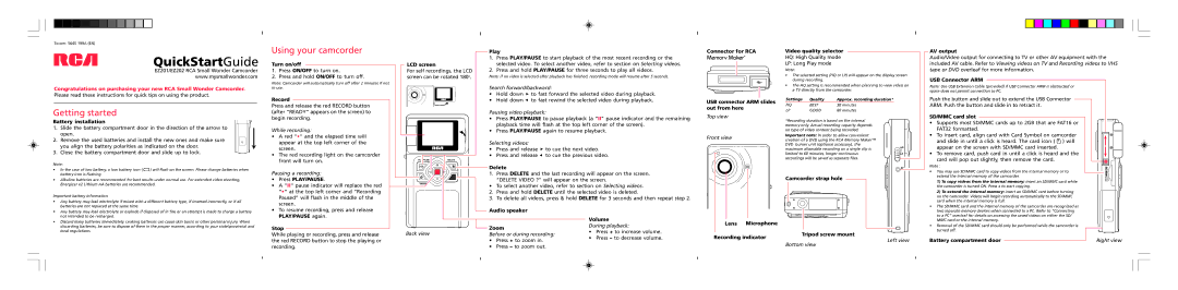 RCA EZ202, EZ201 quick start Getting started, Using your camcorder 