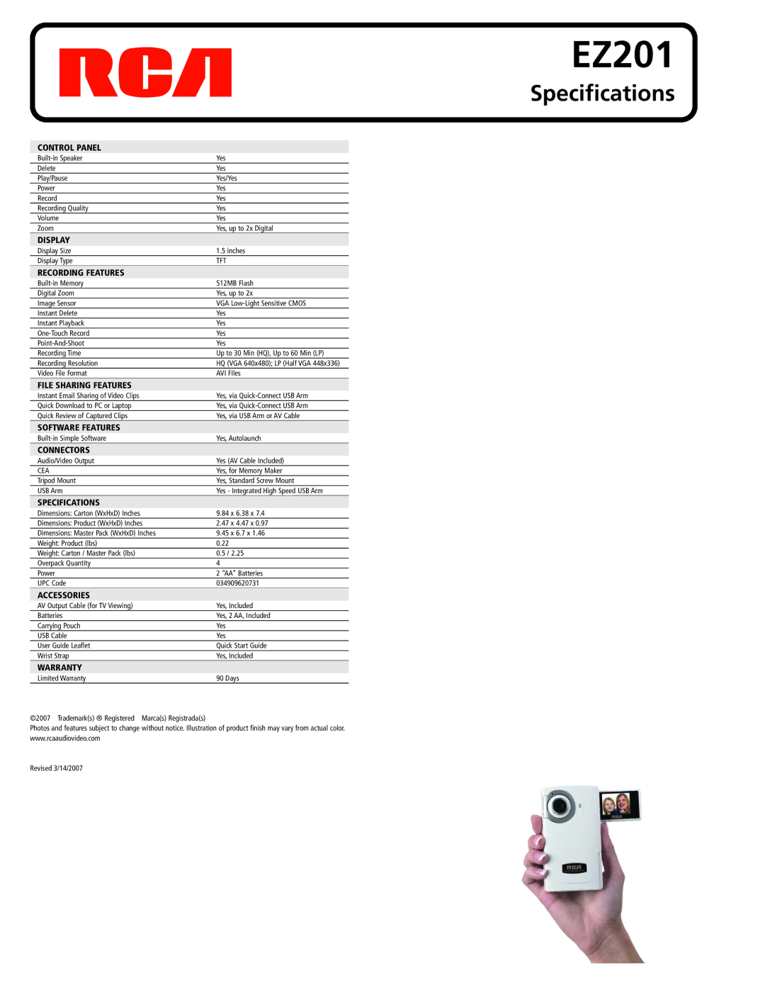 RCA EZ201 Control Panel, Display, Recording Features, File Sharing Features, Software Features, Connectors, Specifications 