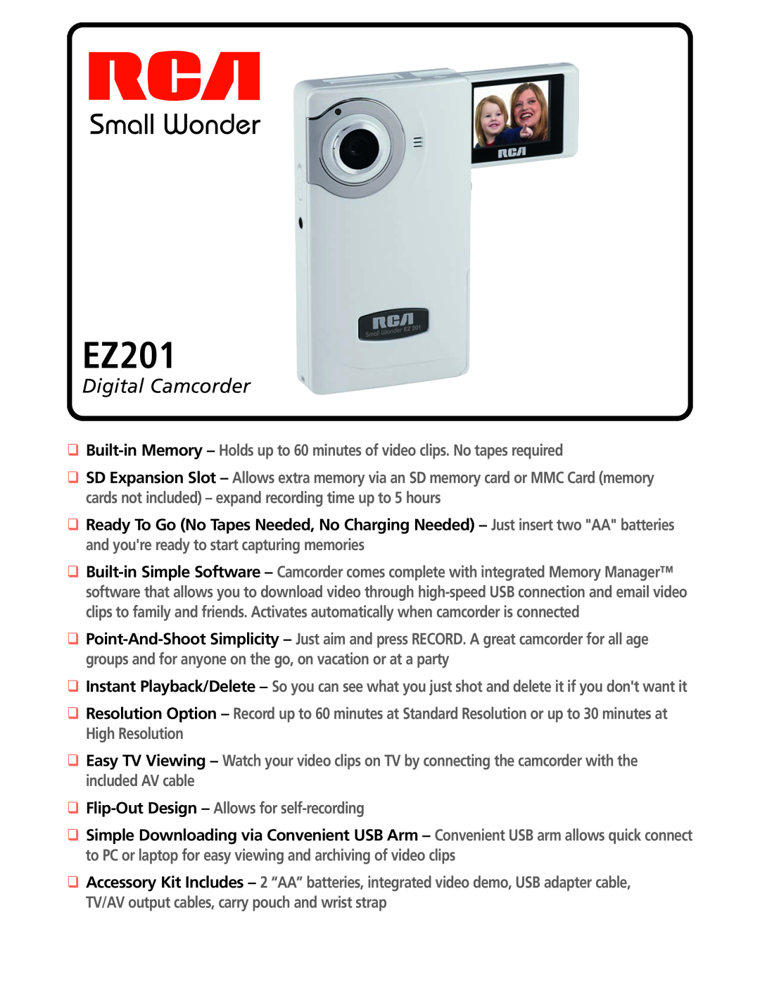RCA EZ201 manual Digital Camcorder 