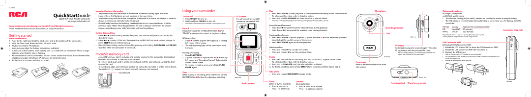 RCA EZ205 quick start Getting started, MicroSD memory card, Using your camcorder 