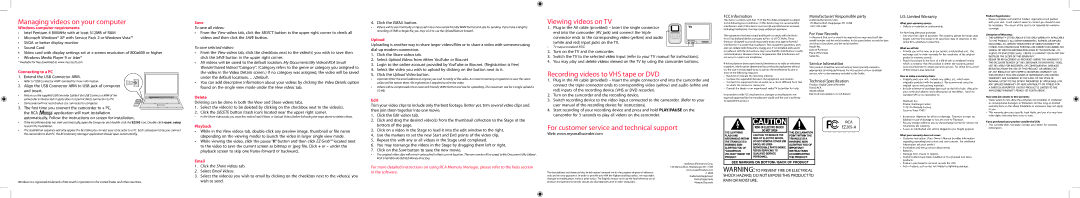 RCA EZ205 quick start Managing videos on your computer, Viewing videos on TV, Recording videos to VHS tape or DVD 