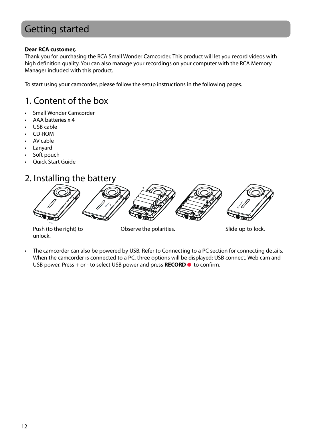 RCA EZ2050 user manual Getting started, Content of the box, Installing the battery, Dear RCA customer, Cd-Rom 