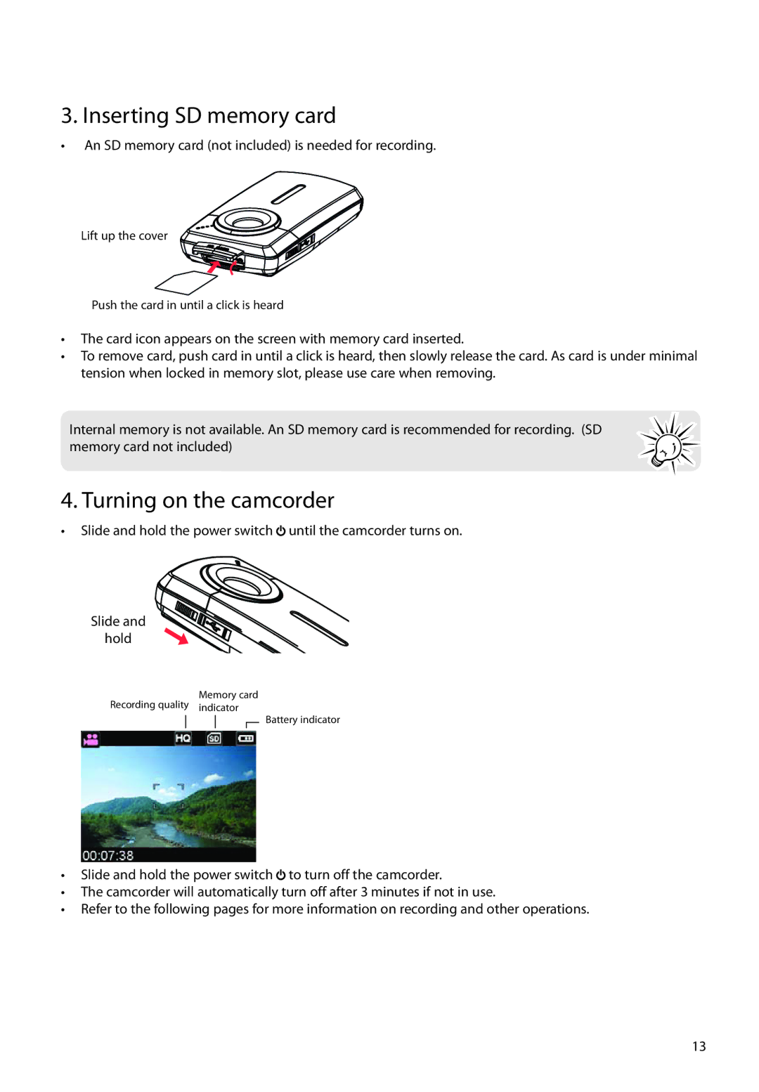 RCA EZ2050 user manual Inserting SD memory card, Turning on the camcorder 