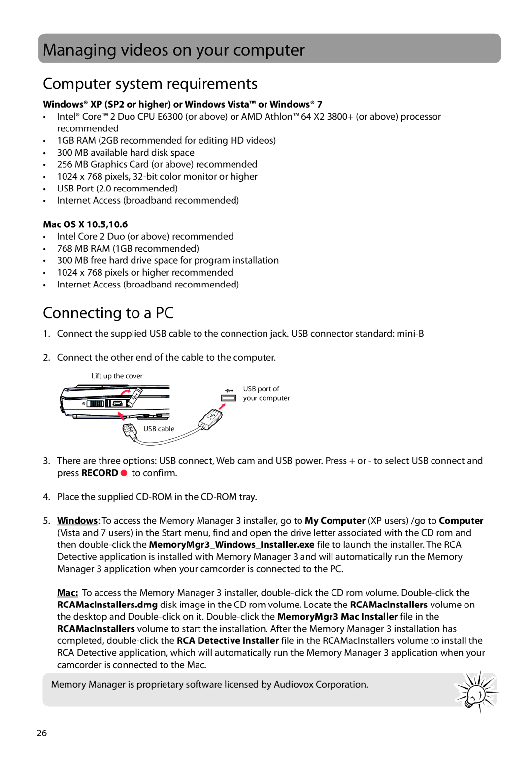 RCA EZ2050 Managing videos on your computer, Computer system requirements, Connecting to a PC, Mac OS X 10.5,10.6 