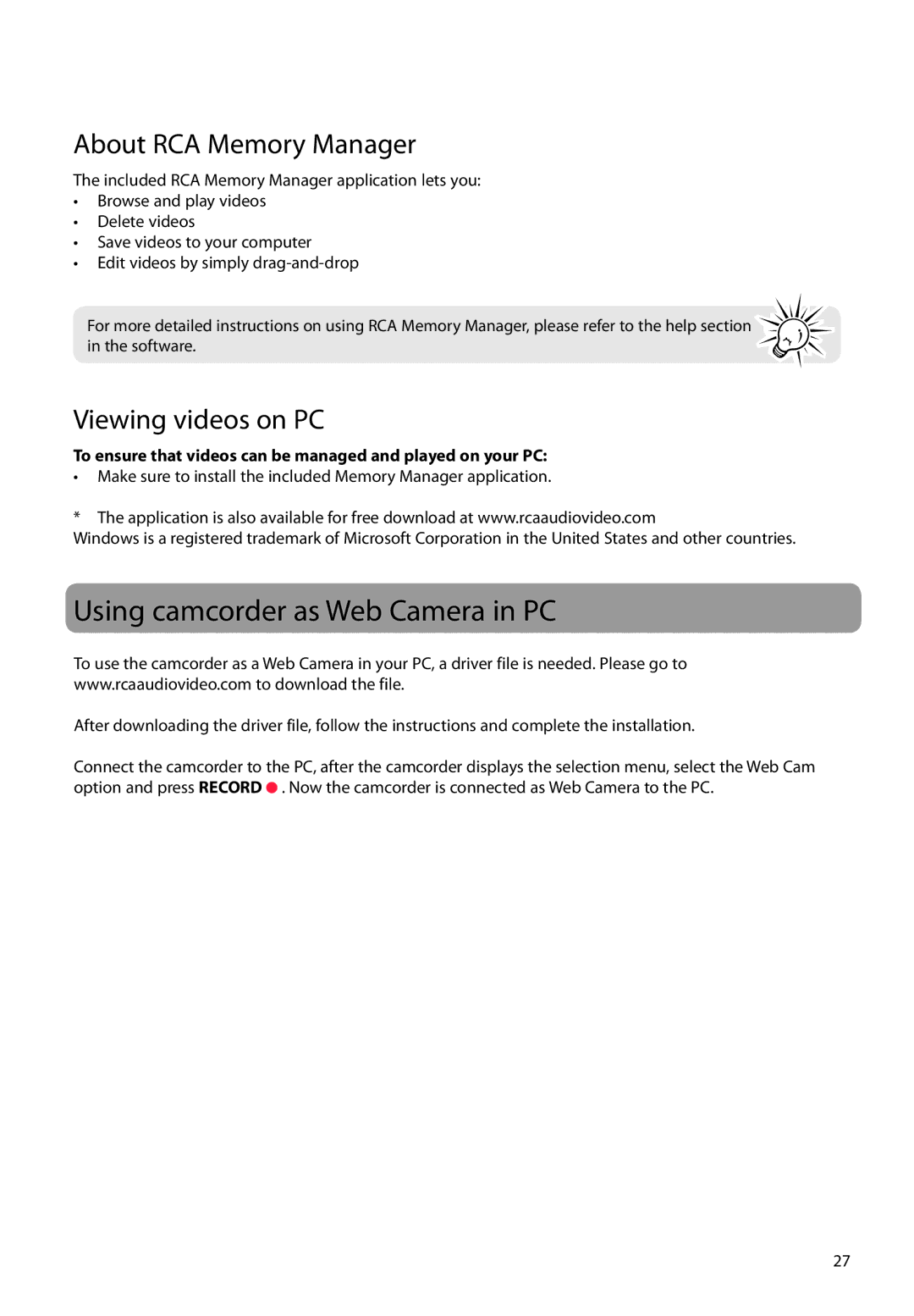RCA EZ2050 user manual Using camcorder as Web Camera in PC, About RCA Memory Manager, Viewing videos on PC 
