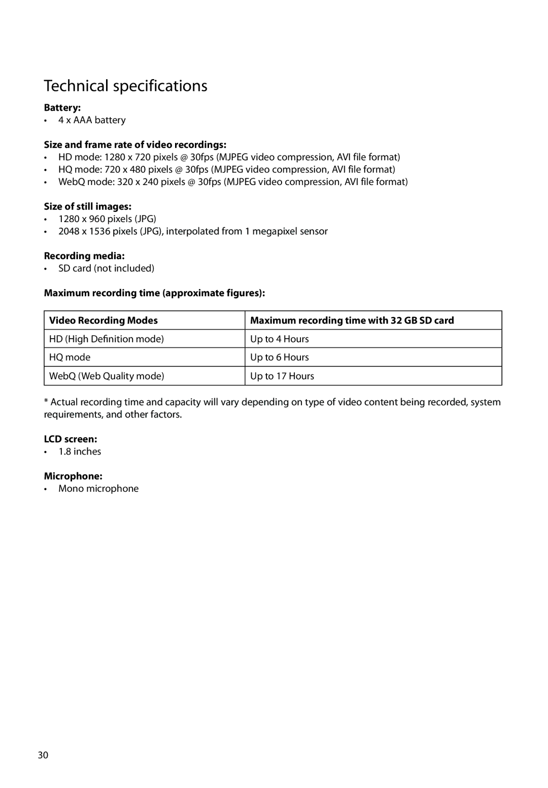 RCA EZ2050 user manual Technical specifications 