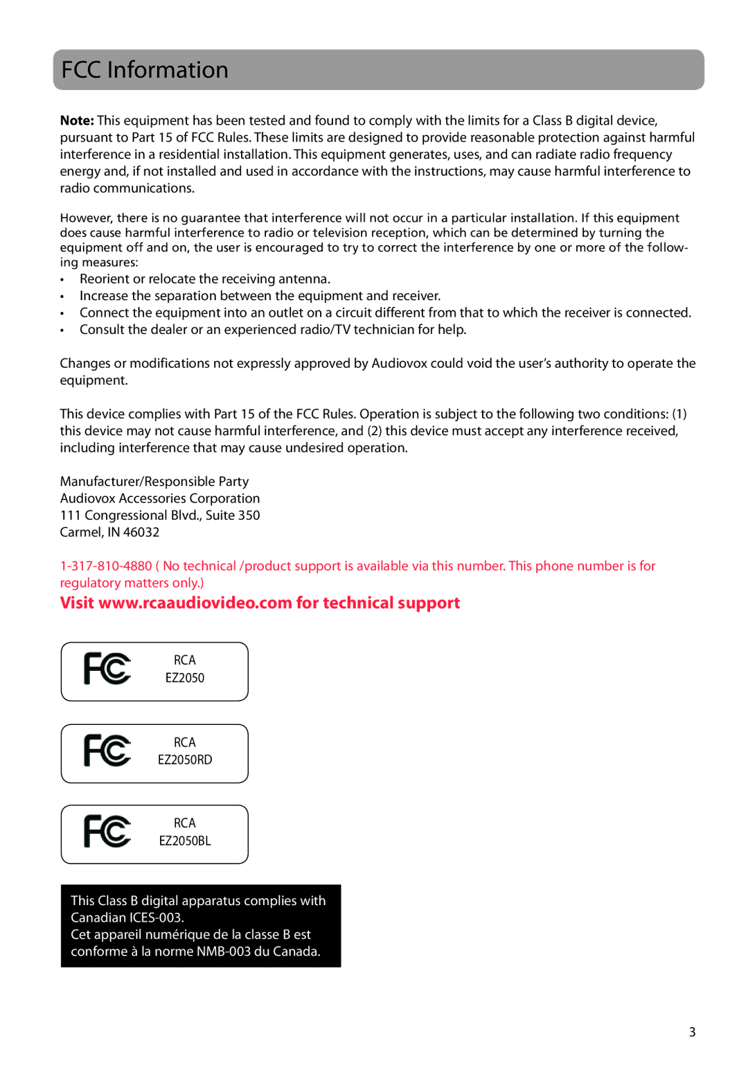 RCA EZ2050 user manual FCC Information, Rca 