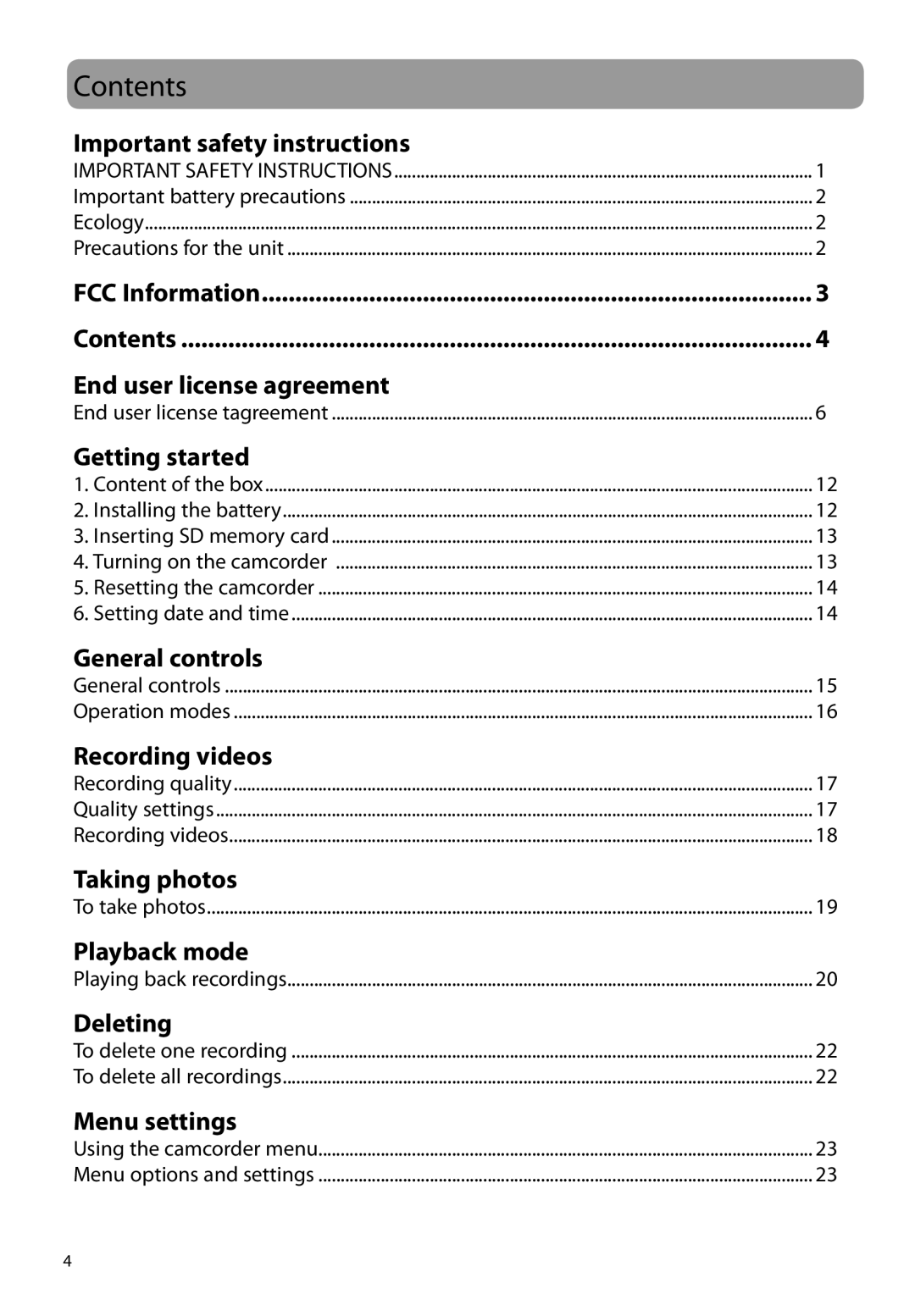 RCA EZ2050 user manual Contents 