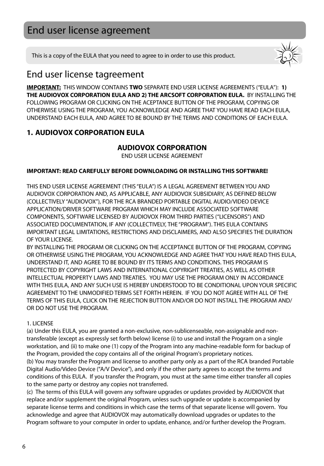 RCA EZ2050 user manual End user license agreement, End user license tagreement, END User License Agreement 