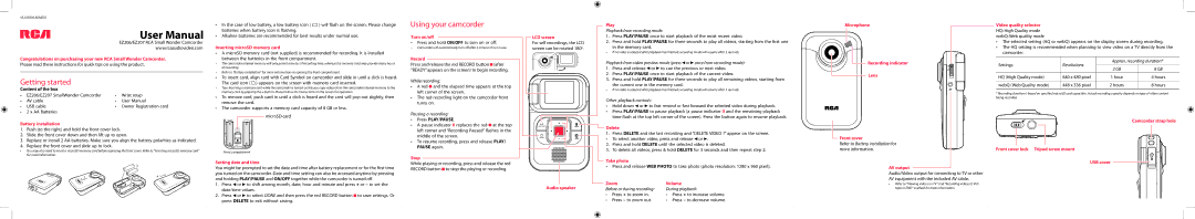 RCA EZ207 user manual Battery installation, Inserting microSD memory card, Setting date and time, Turn on/off, Record 