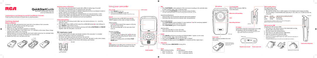 RCA EZ210 quick start Battery installation, Important battery information, Setting date and time, Turn on/off, Record 