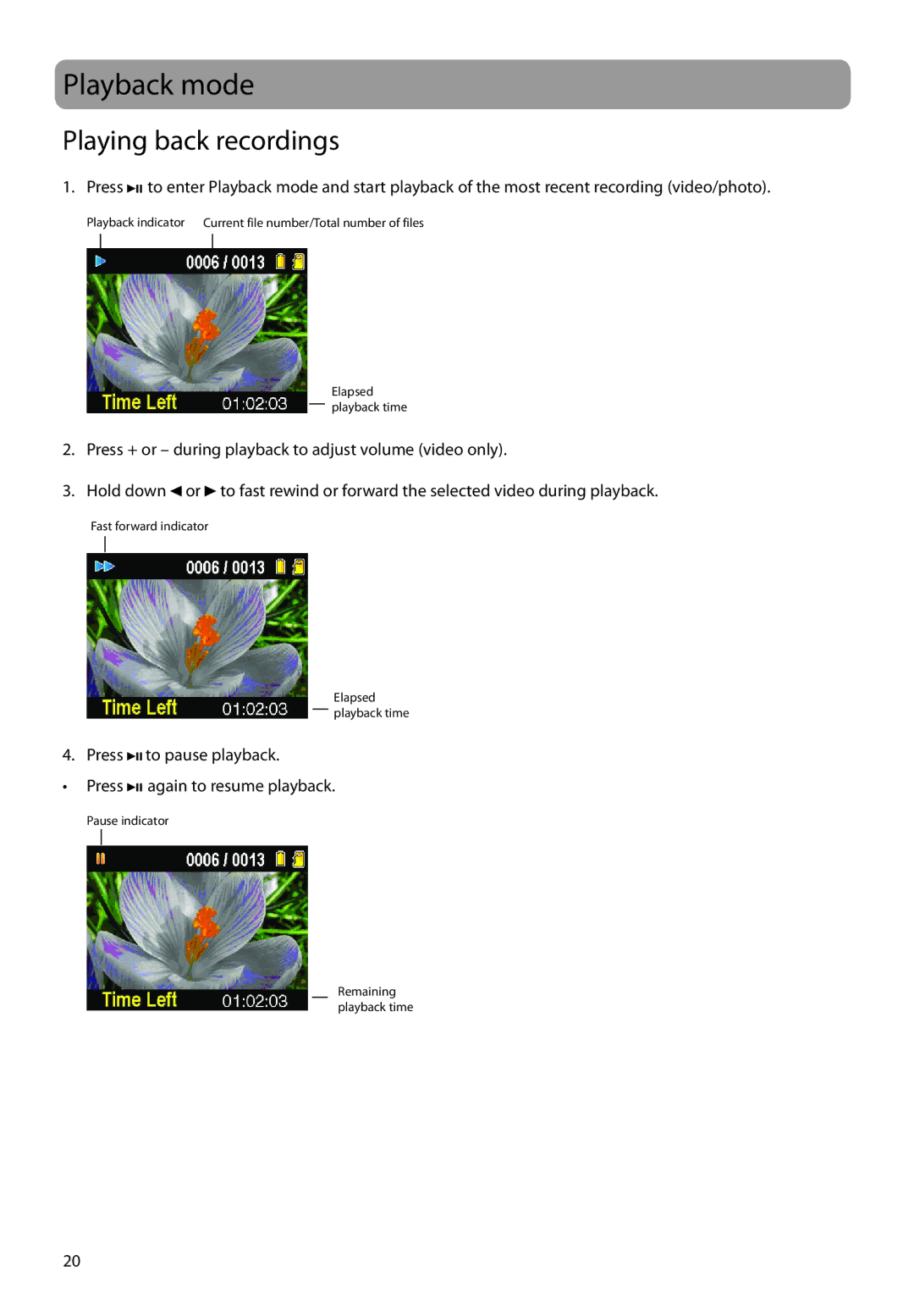 RCA EZ2100 user manual Playback mode, Playing back recordings 