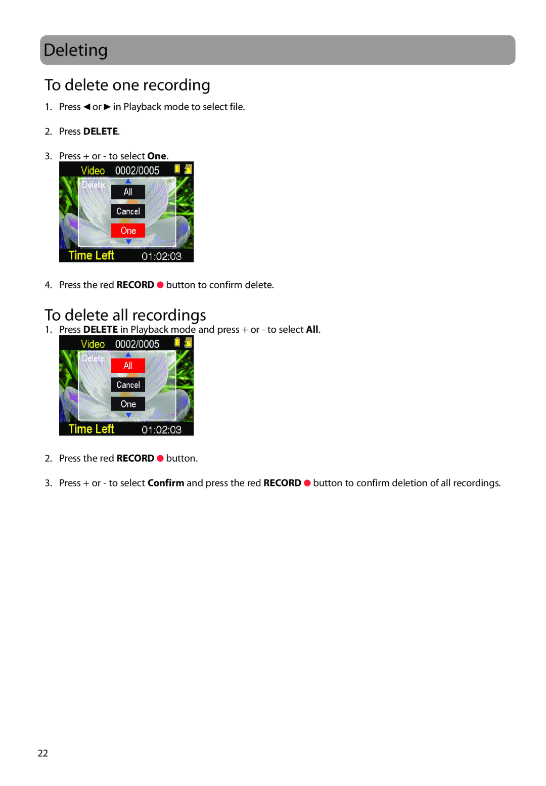 RCA EZ2100 user manual Deleting, To delete one recording, To delete all recordings 