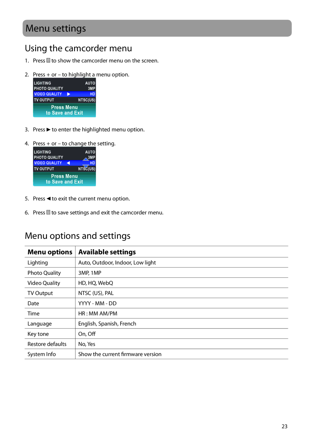 RCA EZ2100 user manual Menu settings, Using the camcorder menu, Menu options and settings 