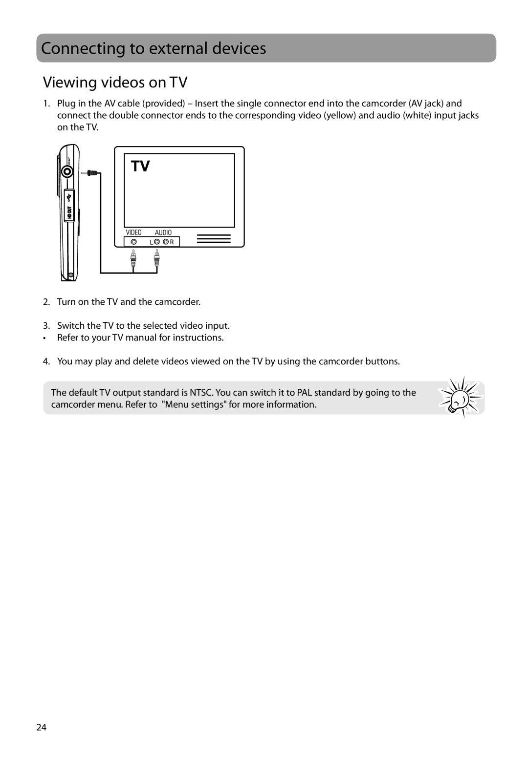 RCA EZ2100 user manual Connecting to external devices, Viewing videos on TV 