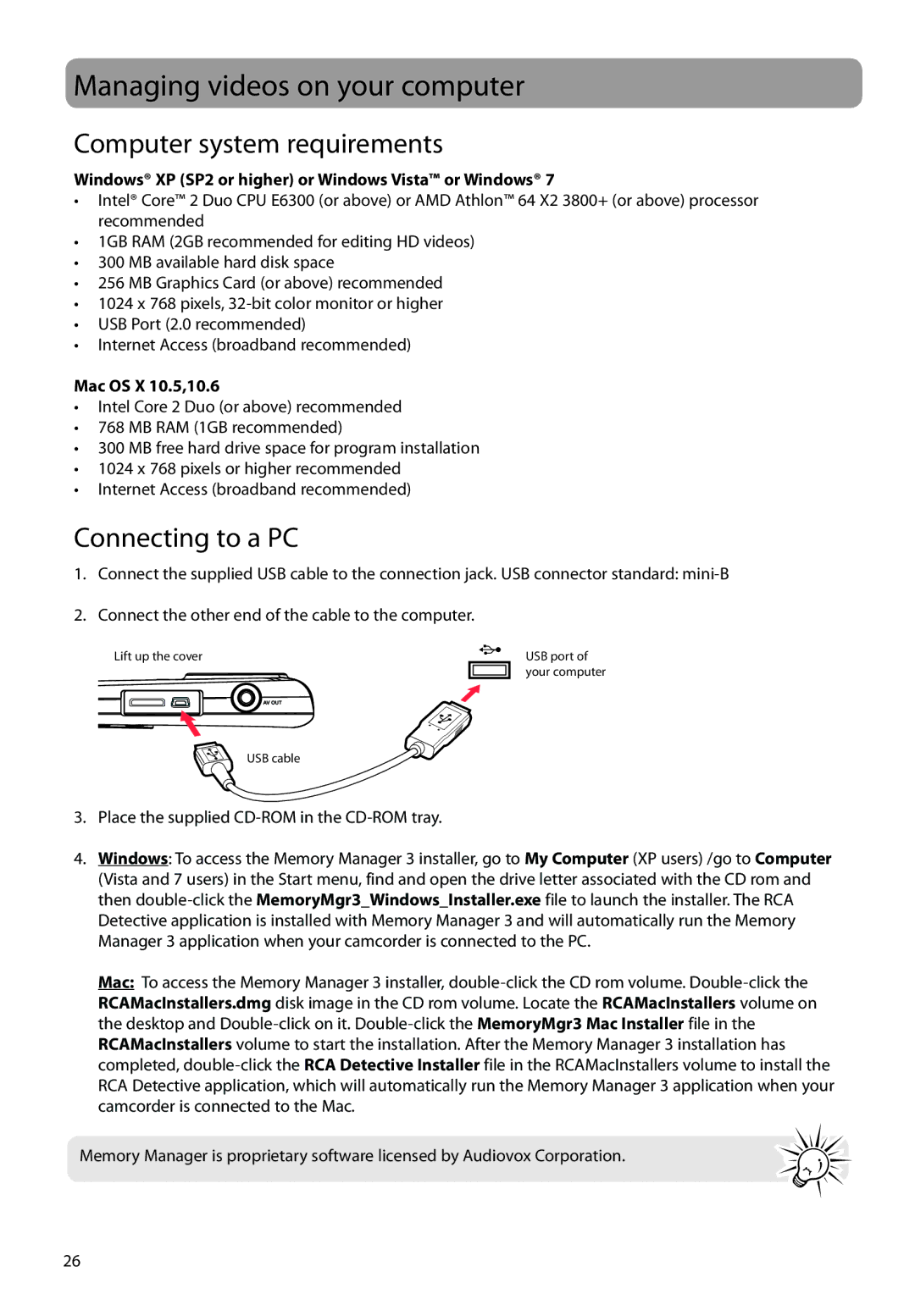 RCA EZ2100 Managing videos on your computer, Computer system requirements, Connecting to a PC, Mac OS X 10.5,10.6 