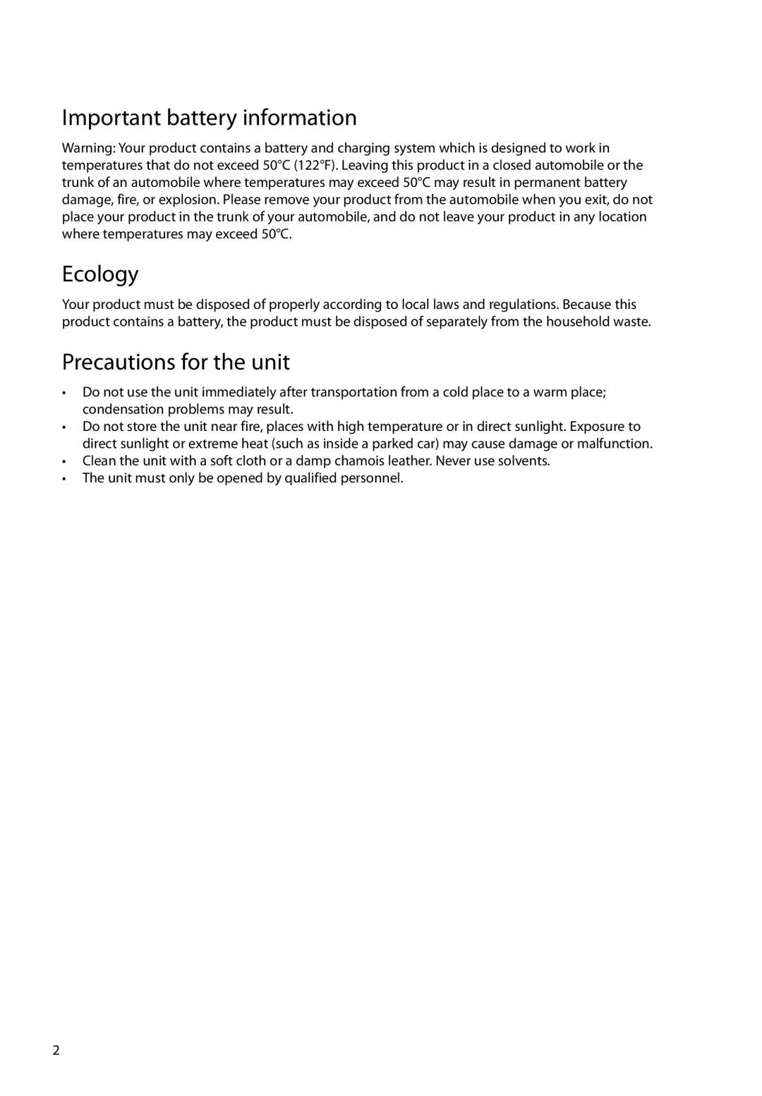 RCA EZ2100 user manual Important battery information Ecology, Precautions for the unit 