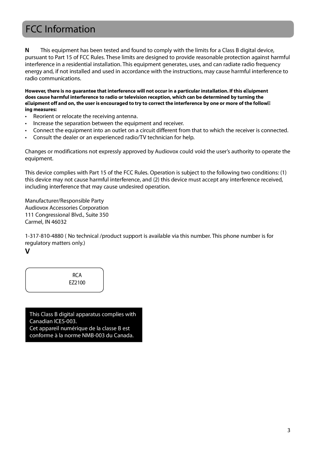 RCA EZ2100 user manual FCC Information, Rca 