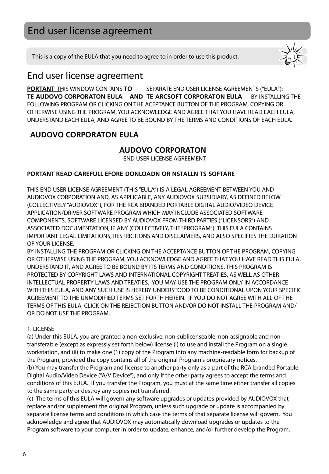 RCA EZ2100 user manual End user license agreement, END User License Agreement 