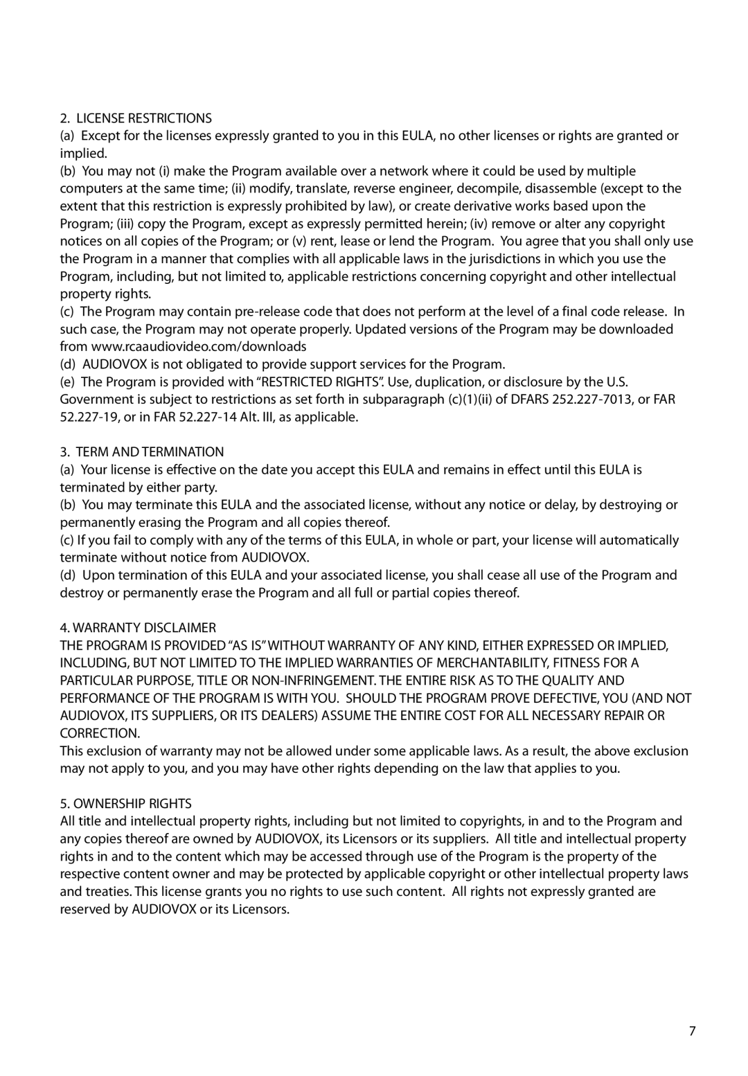 RCA EZ2100 user manual License Restrictions, Term and Termination, Ownership Rights 