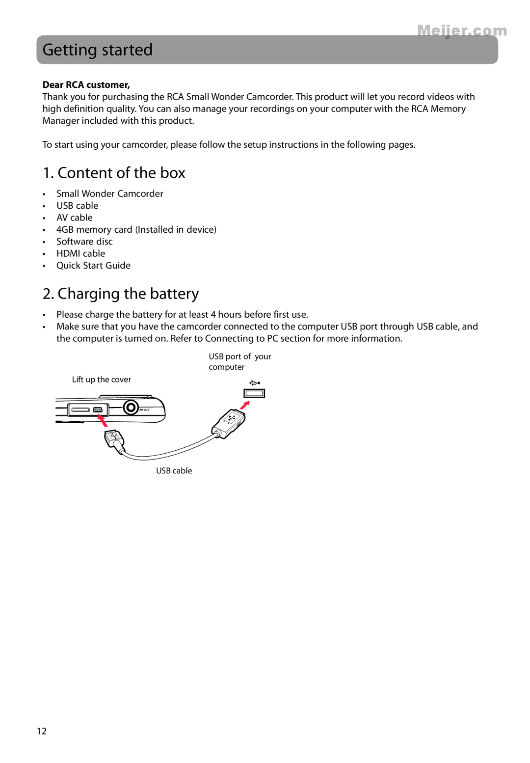 RCA EZ2120 series user manual Getting started, Content of the box, Charging the battery, Dear RCA customer 