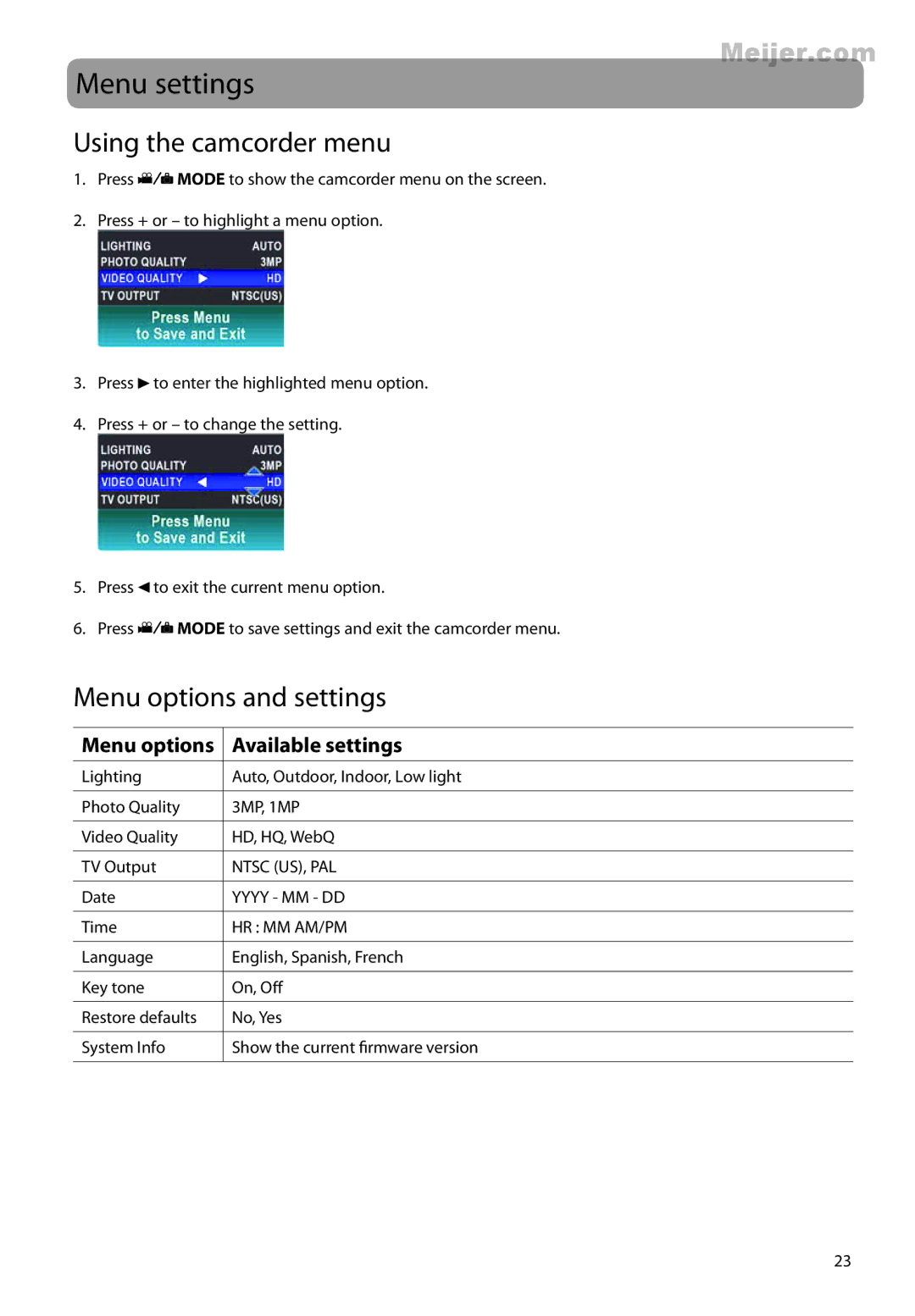 RCA EZ2120 series user manual Menu settings, Using the camcorder menu, Menu options and settings 