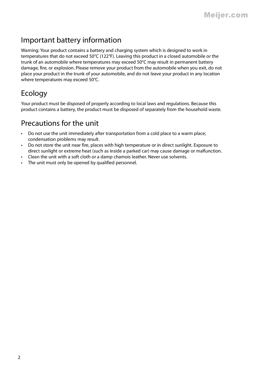 RCA EZ2120 series user manual Important battery information Ecology, Precautions for the unit 