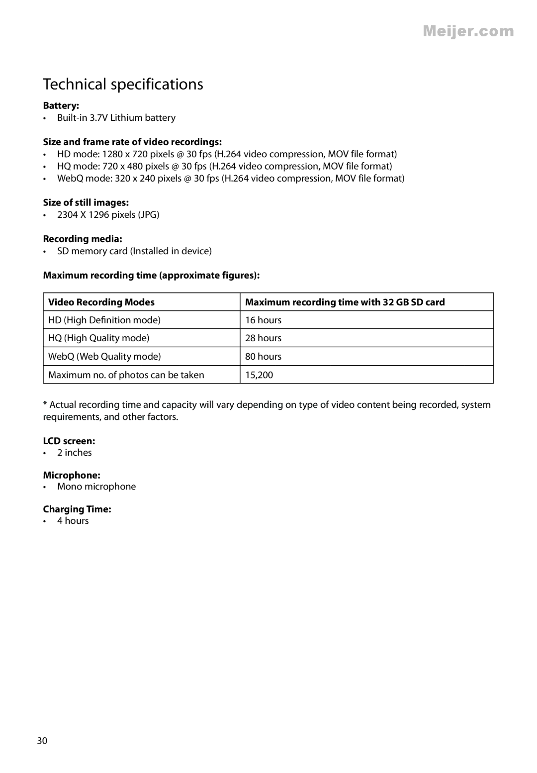 RCA EZ2120 series user manual Technical specifications 