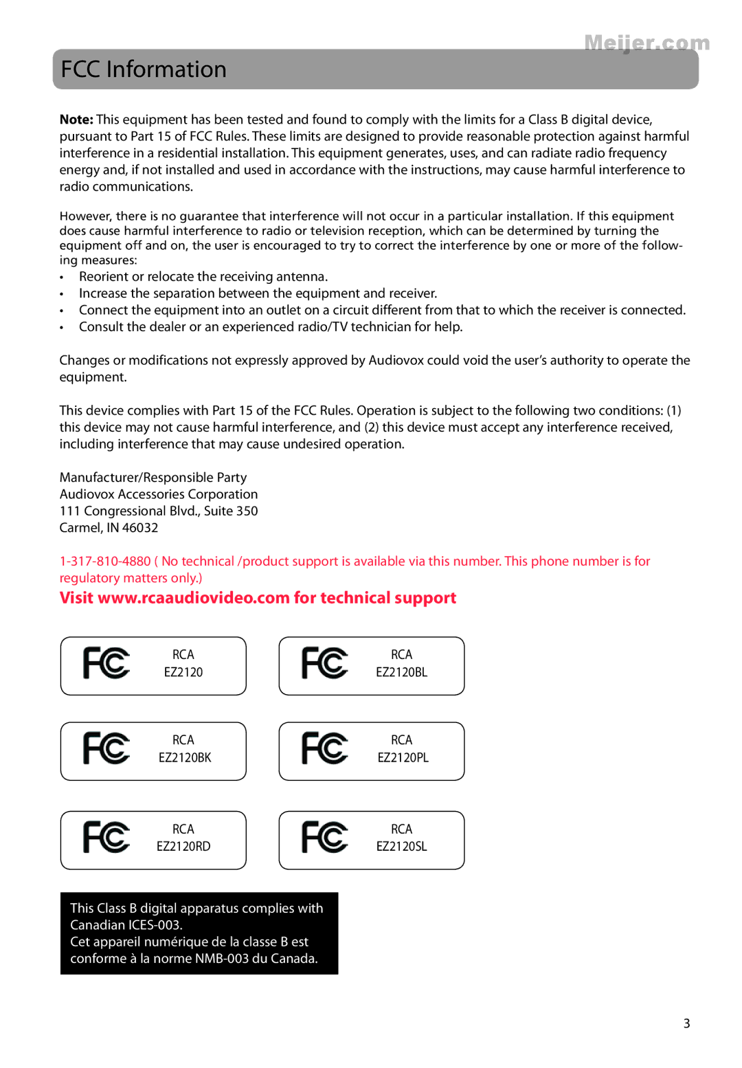 RCA EZ2120 series user manual FCC Information 