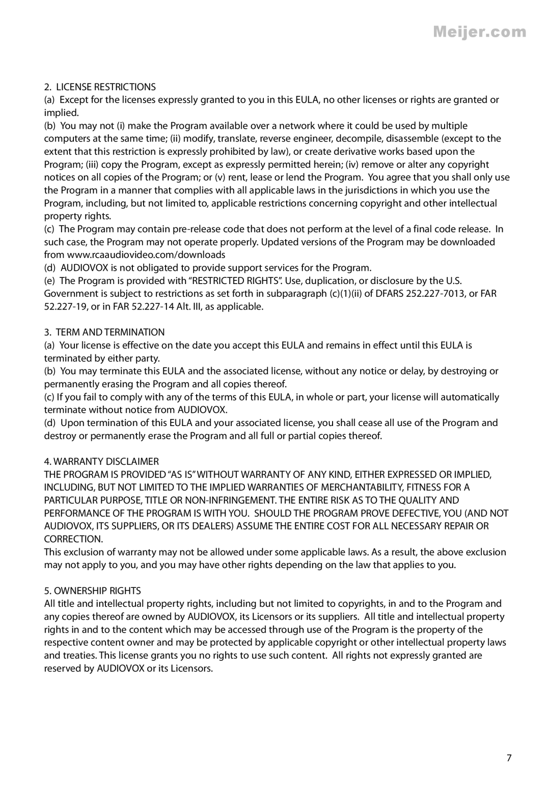 RCA EZ2120 series user manual License Restrictions, Term and Termination, Ownership Rights 