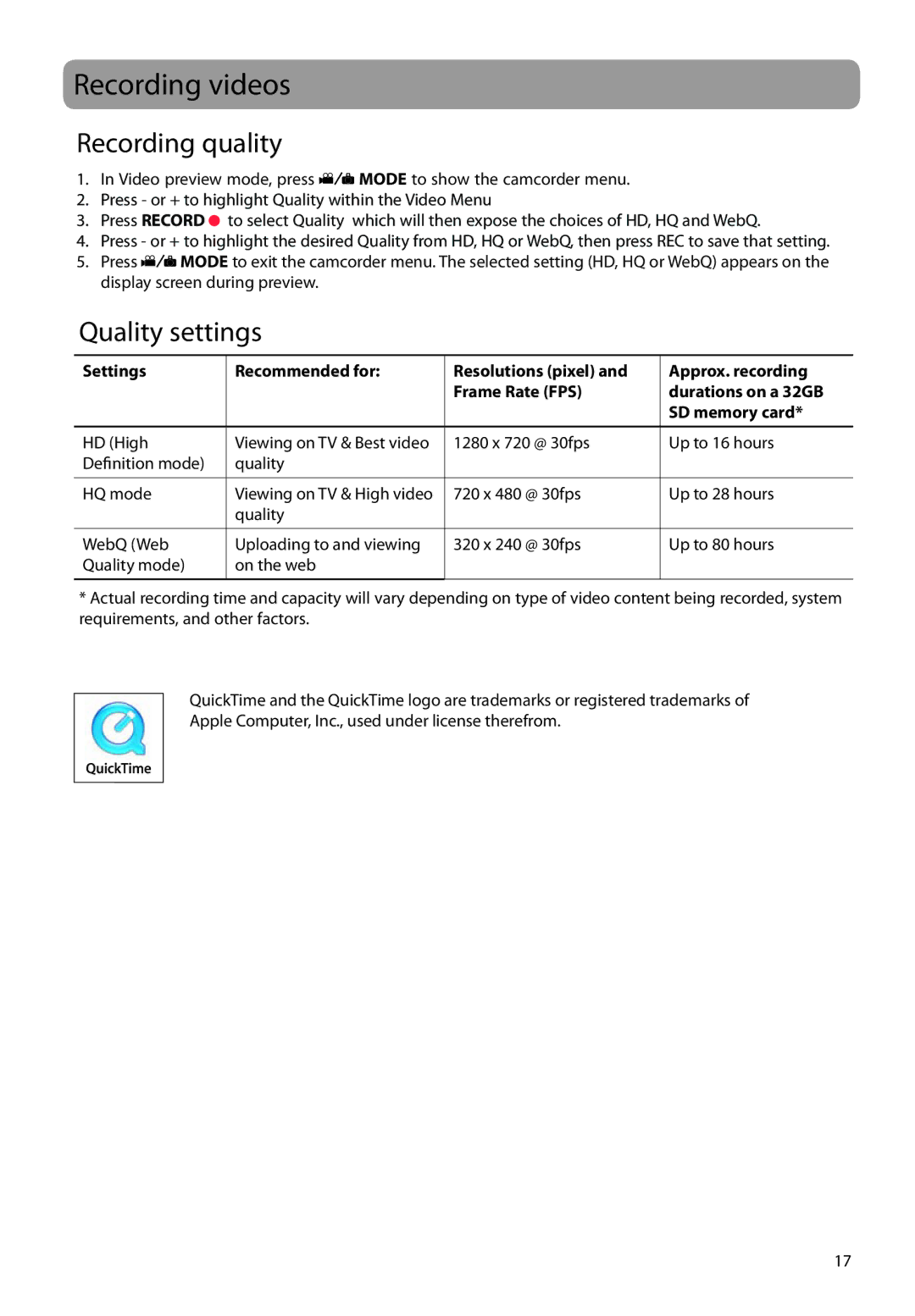 RCA EZ2120 user manual Recording videos, Recording quality, Quality settings 