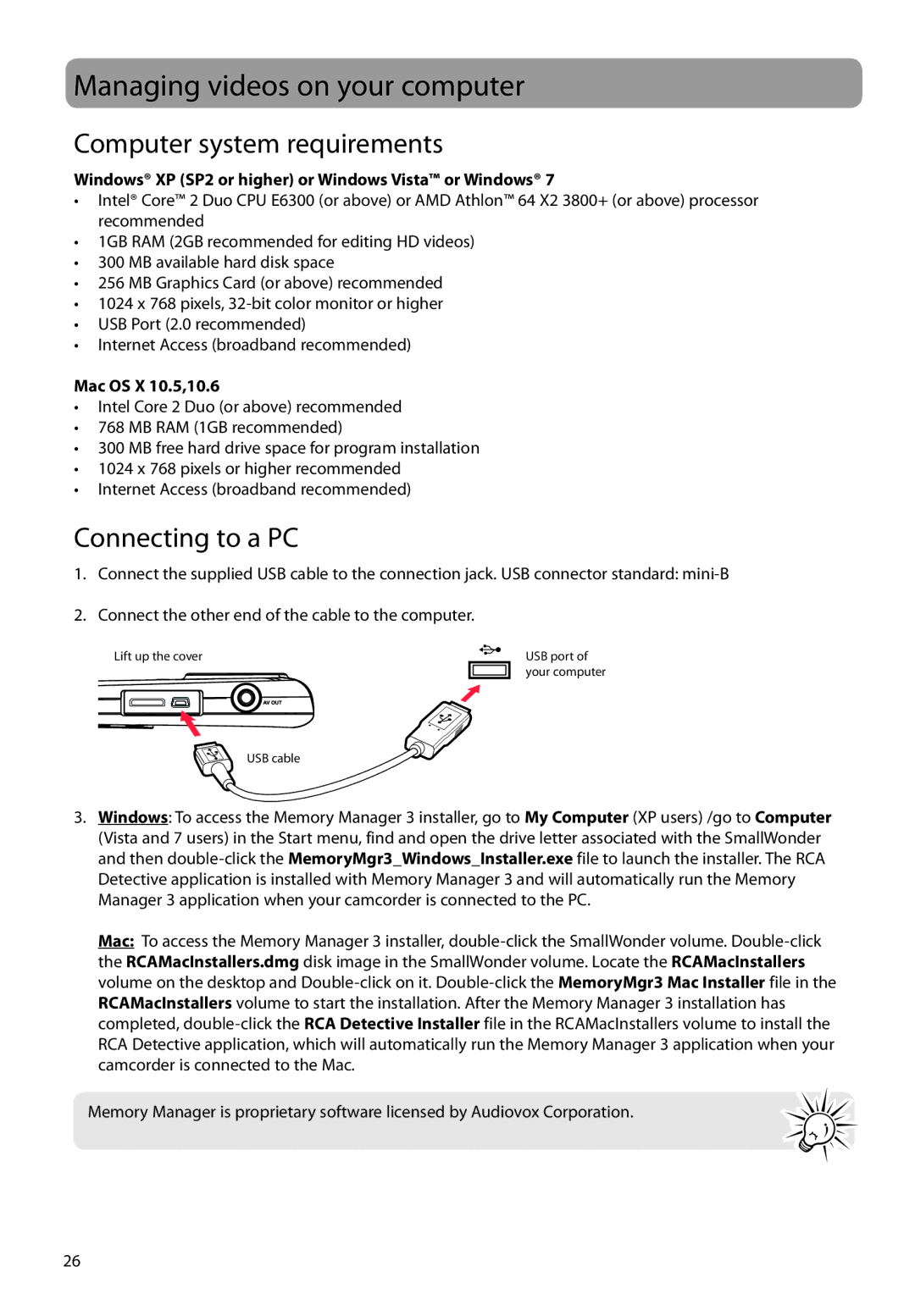 RCA EZ2120 Managing videos on your computer, Computer system requirements, Connecting to a PC, Mac OS X 10.5,10.6 