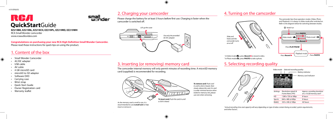 RCA EZ219BK quick start Charging your camcorder Turning on the camcorder, Content of the box, Selecting recording quality 