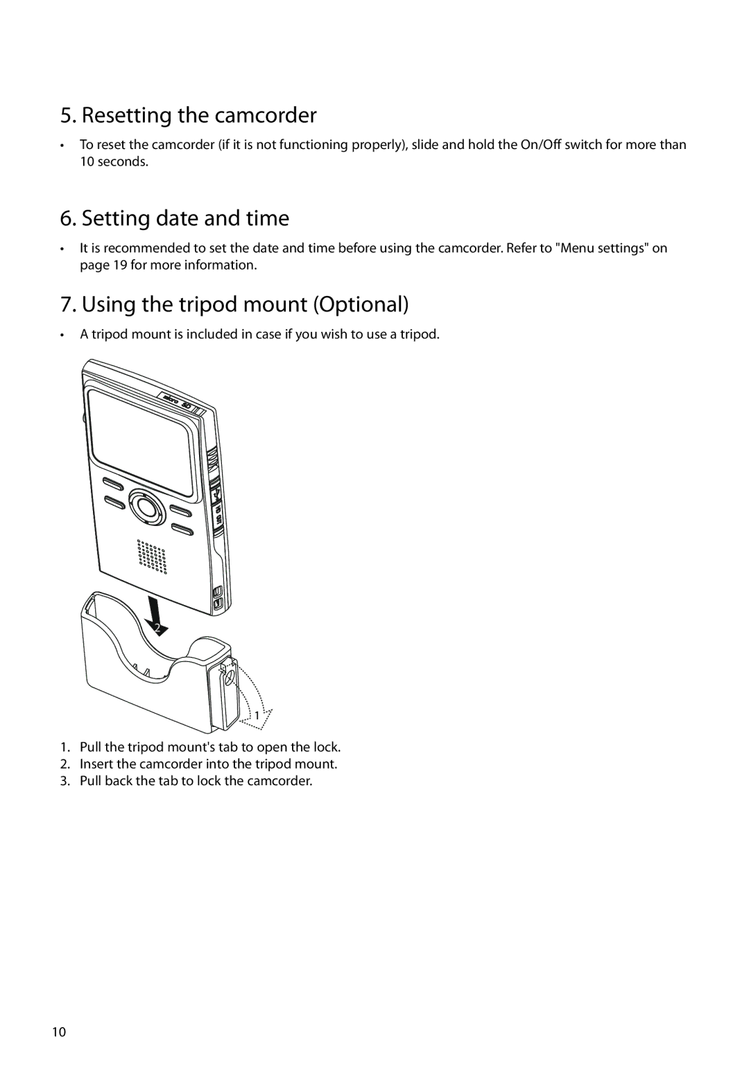 RCA EZ3000RDR, EZ3000BL, EZ3000BKR Resetting the camcorder, Setting date and time, Using the tripod mount Optional 