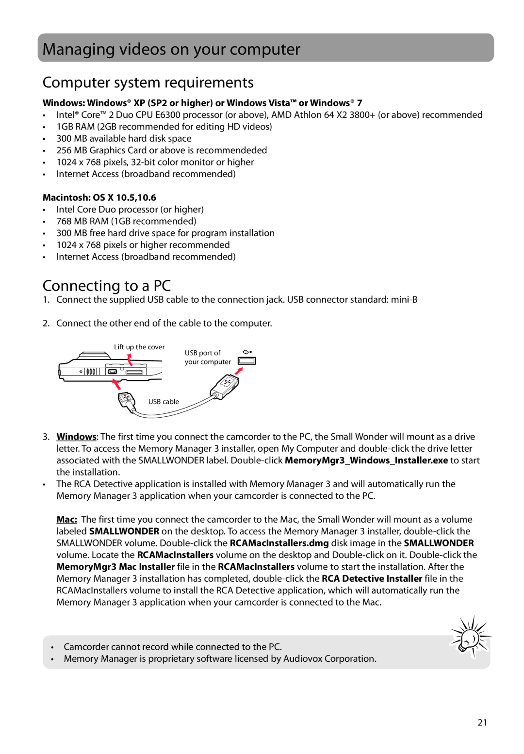 RCA EZ3000RD Managing videos on your computer, Computer system requirements, Connecting to a PC, Macintosh OS X 10.5,10.6 