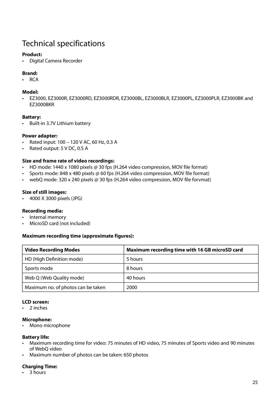 RCA EZ3000BLR, EZ3000RDR, EZ3000BKR, EZ3000PLR user manual Technical specifications 