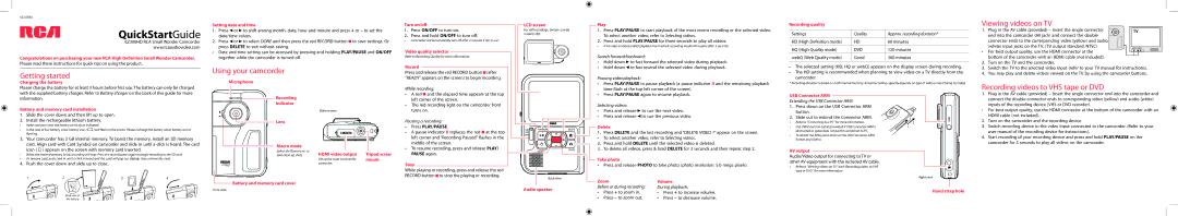 RCA EZ300HD quick start Viewing videos on TV, Getting started, Using your camcorder, Recording videos to VHS tape or DVD 