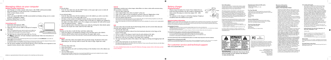 RCA EZ300HD quick start Managing videos on your computer, Battery charger, For customer service and technical support 