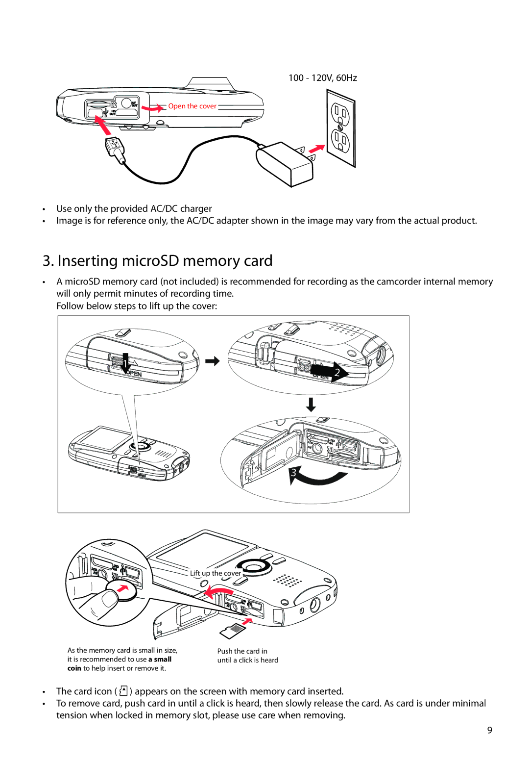 RCA EZ4000PLR, EZ4000BKR, EZ4000BLR, EZ4000RDR user manual Inserting microSD memory card 