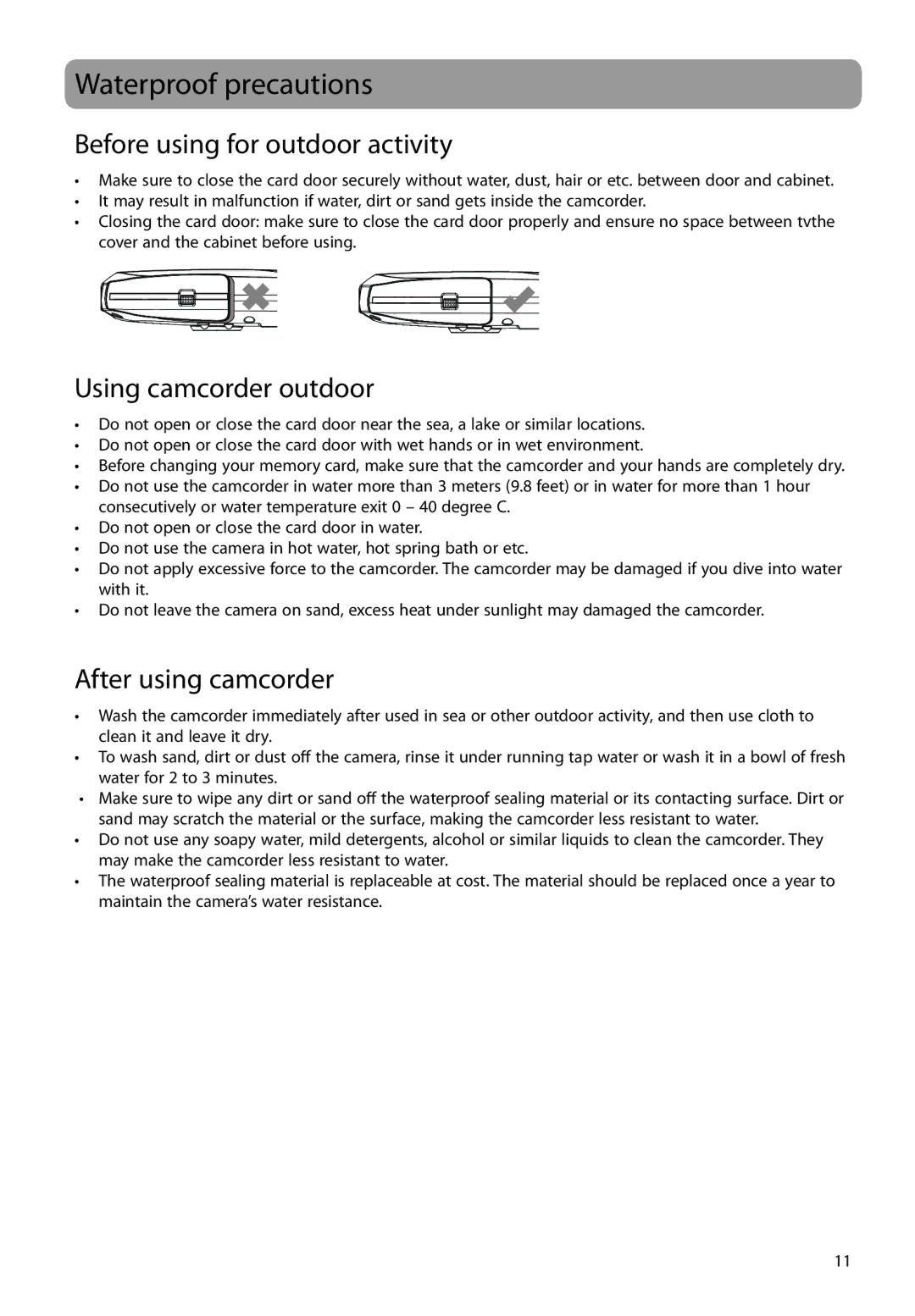 RCA EZ4000BL Waterproof precautions, Before using for outdoor activity, Using camcorder outdoor, After using camcorder 