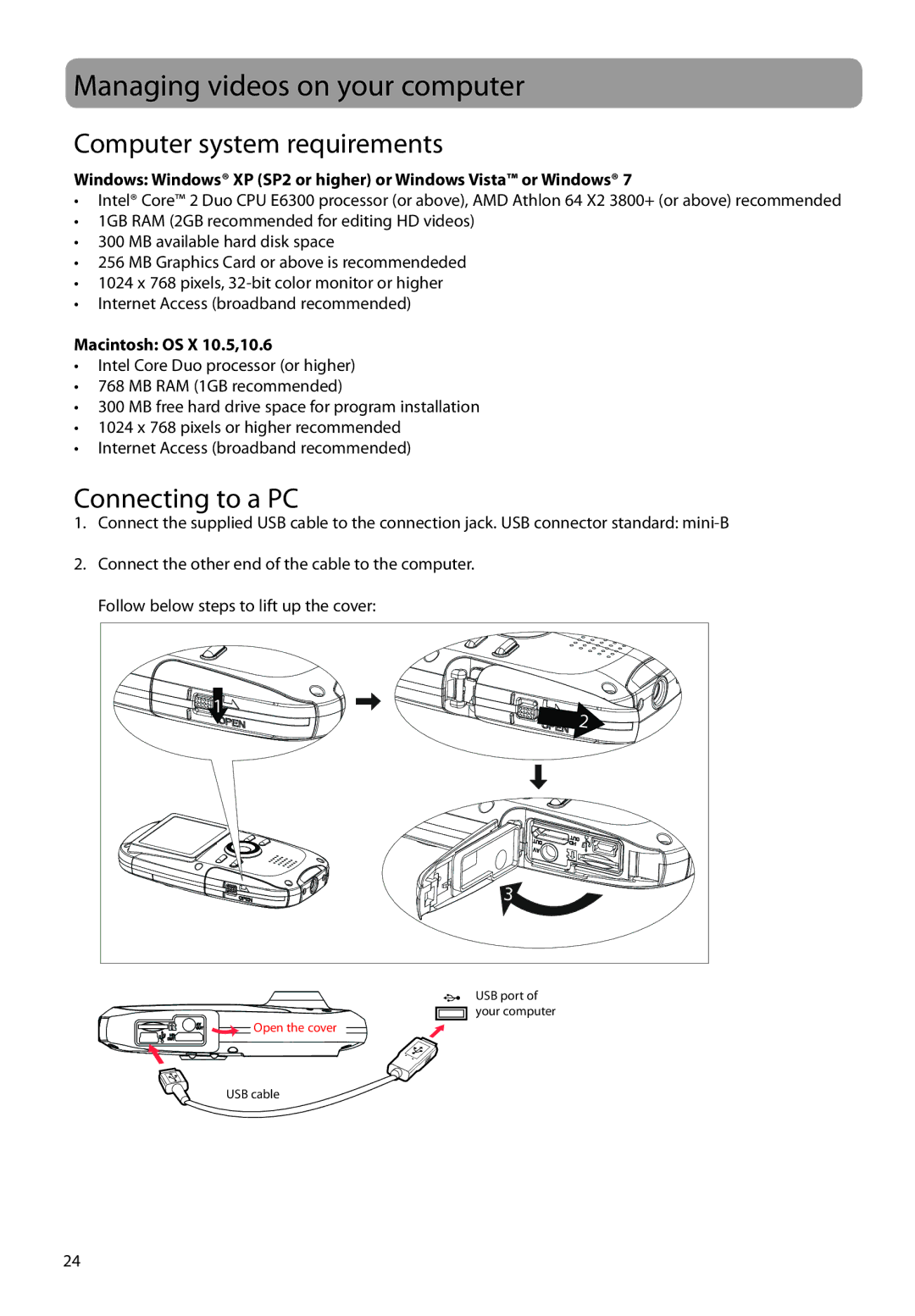 RCA EZ4000BKR Managing videos on your computer, Computer system requirements, Connecting to a PC, Macintosh OS X 10.5,10.6 