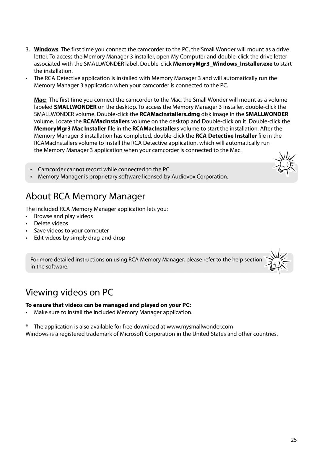 RCA EZ4000BLR About RCA Memory Manager, Viewing videos on PC, To ensure that videos can be managed and played on your PC 