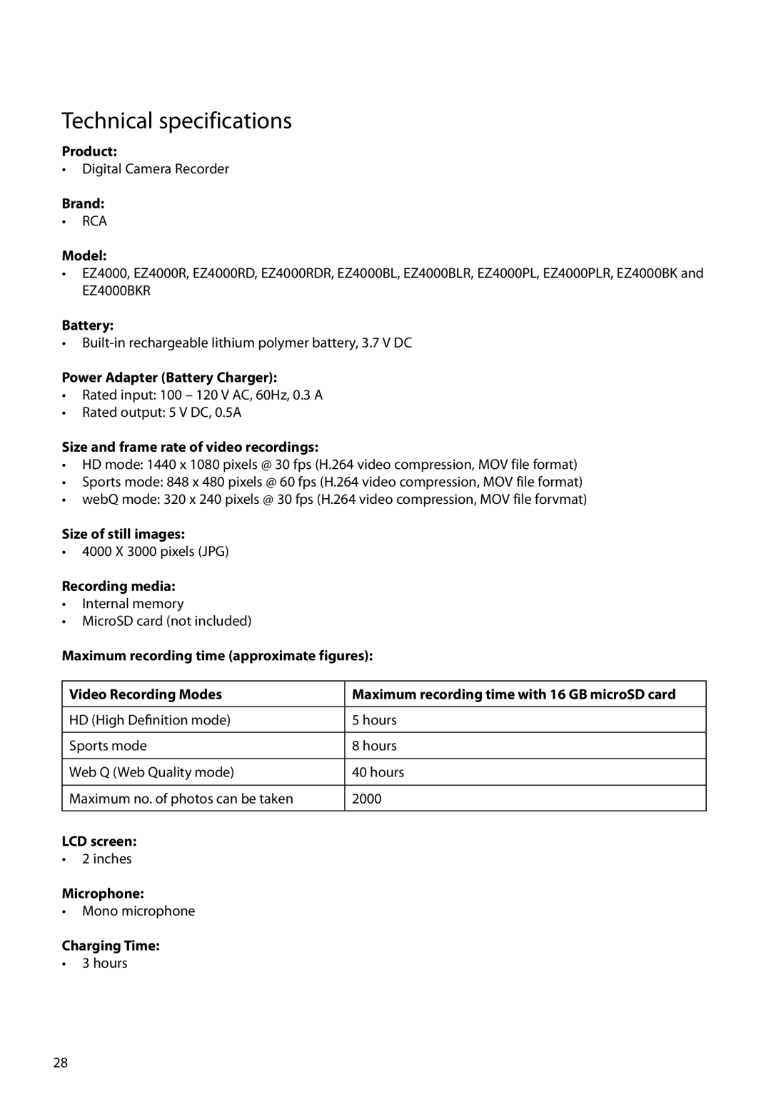 RCA EZ4000RDR, EZ4000PLR, EZ4000BKR, EZ4000BLR user manual Technical specifications 