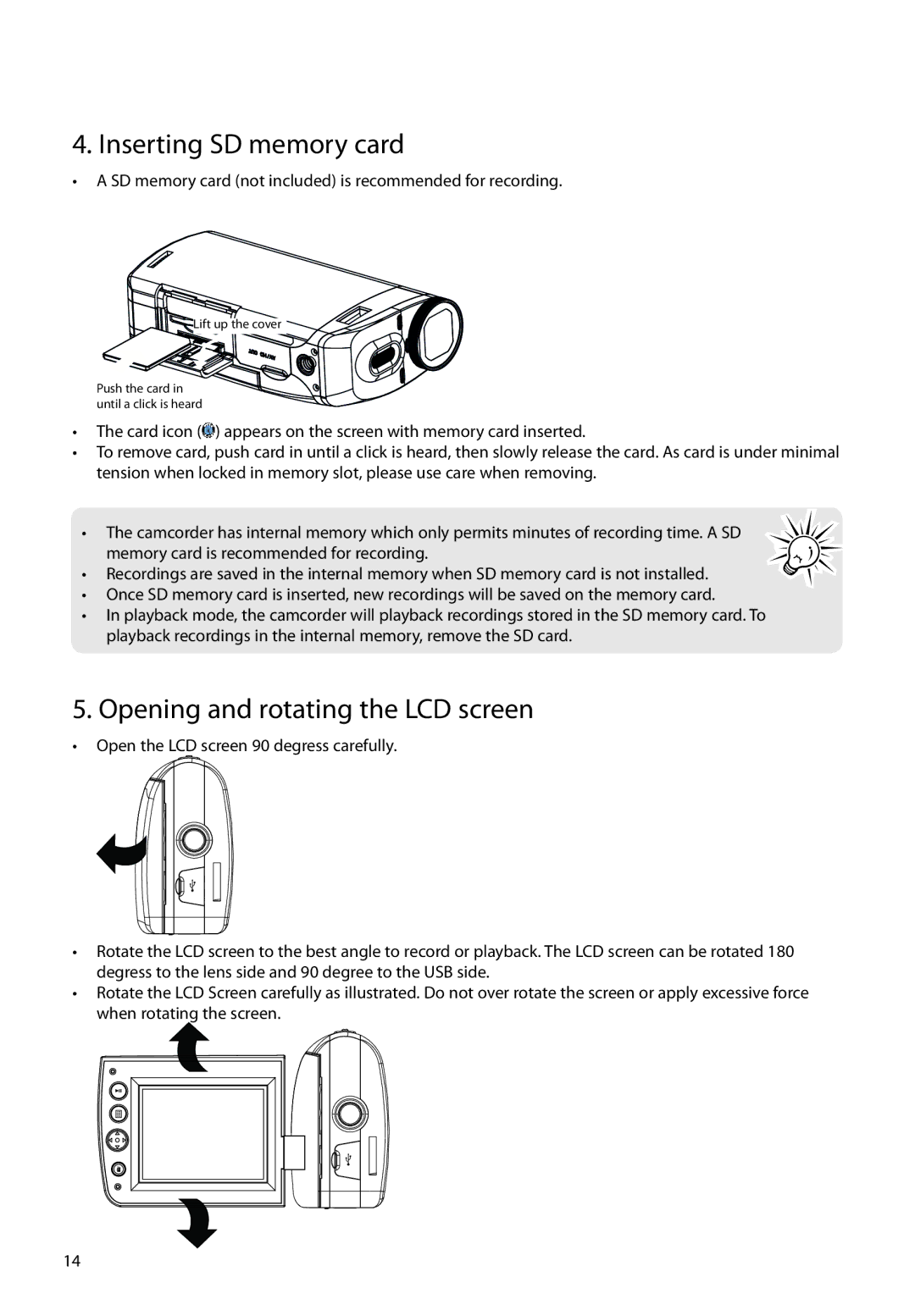 RCA EZ5100, EZ5000 user manual Inserting SD memory card, Opening and rotating the LCD screen 