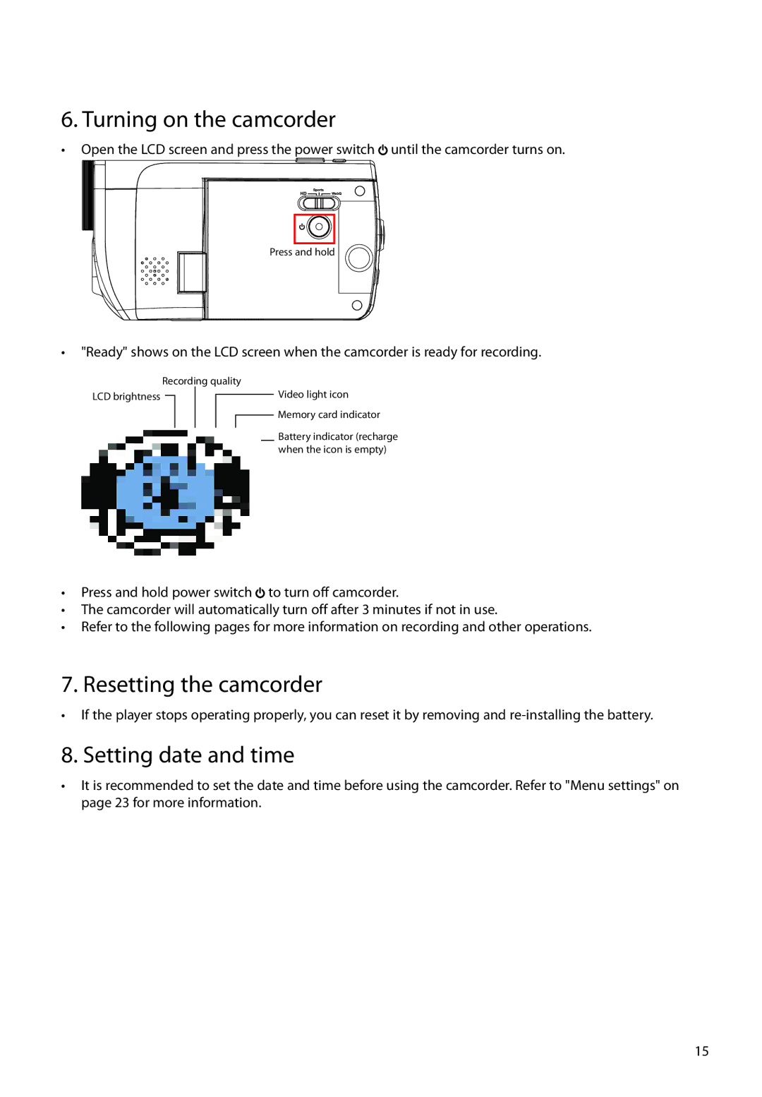 RCA EZ5000, EZ5100 user manual Turning on the camcorder, Resetting the camcorder, Setting date and time 