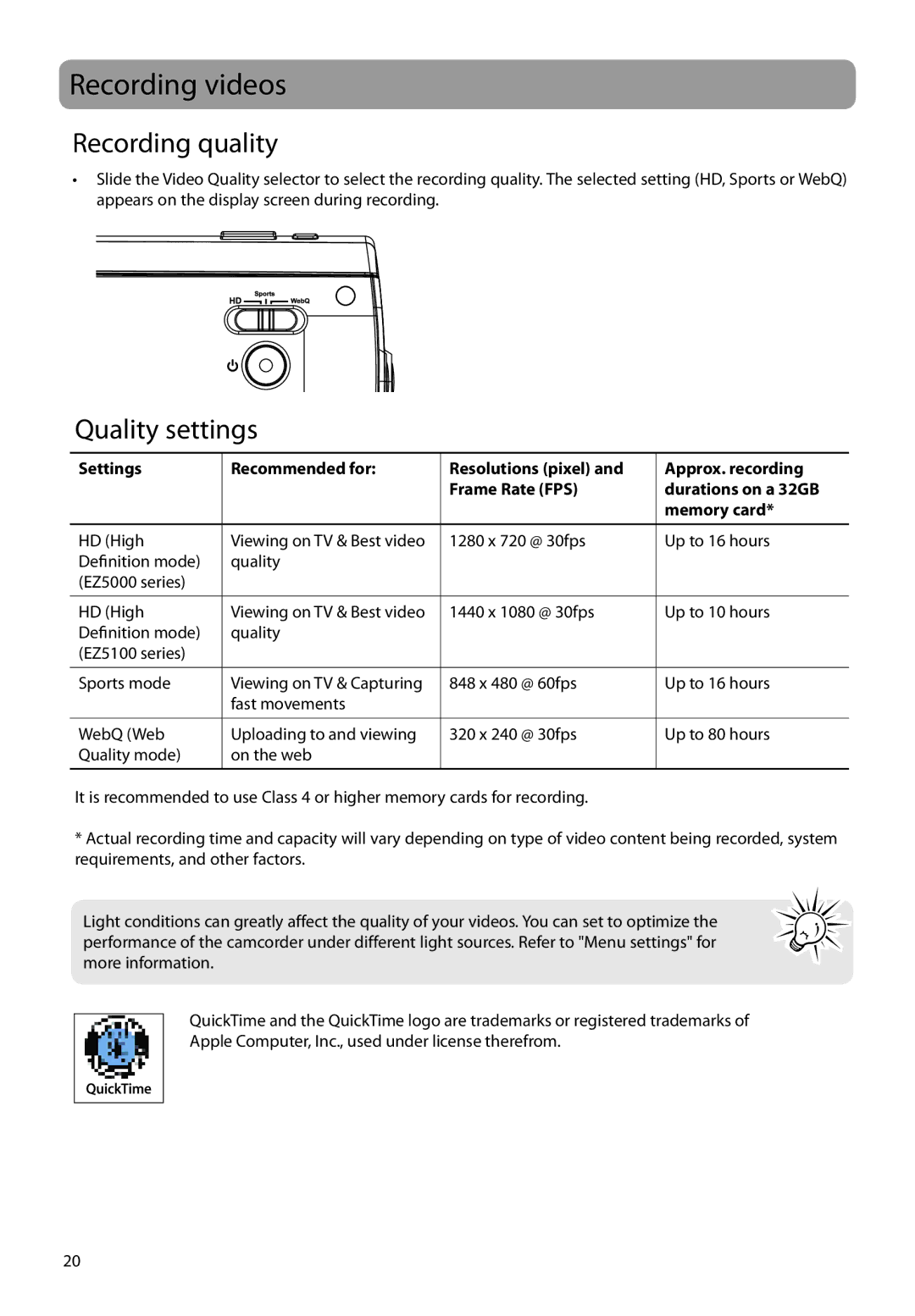 RCA EZ5100, EZ5000 user manual Recording videos, Recording quality, Quality settings 